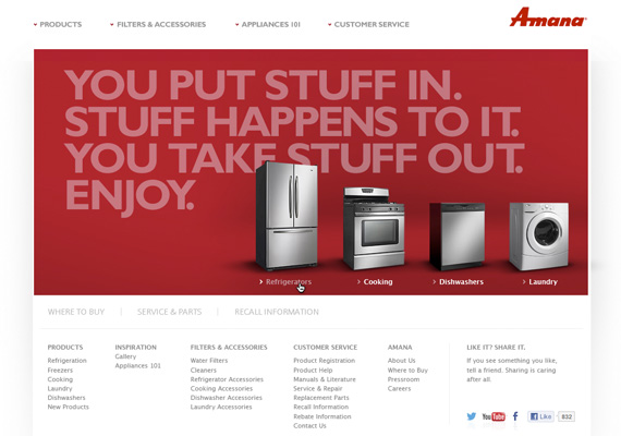 One of my main clients in 2012. Maintained and managed: site pages, promos, product listings, navigation and had the opportunity to utilize new html/css/jquery/javascript techniques.  They have recently updated their site so a live example of my work is not available. http://www.amana.com